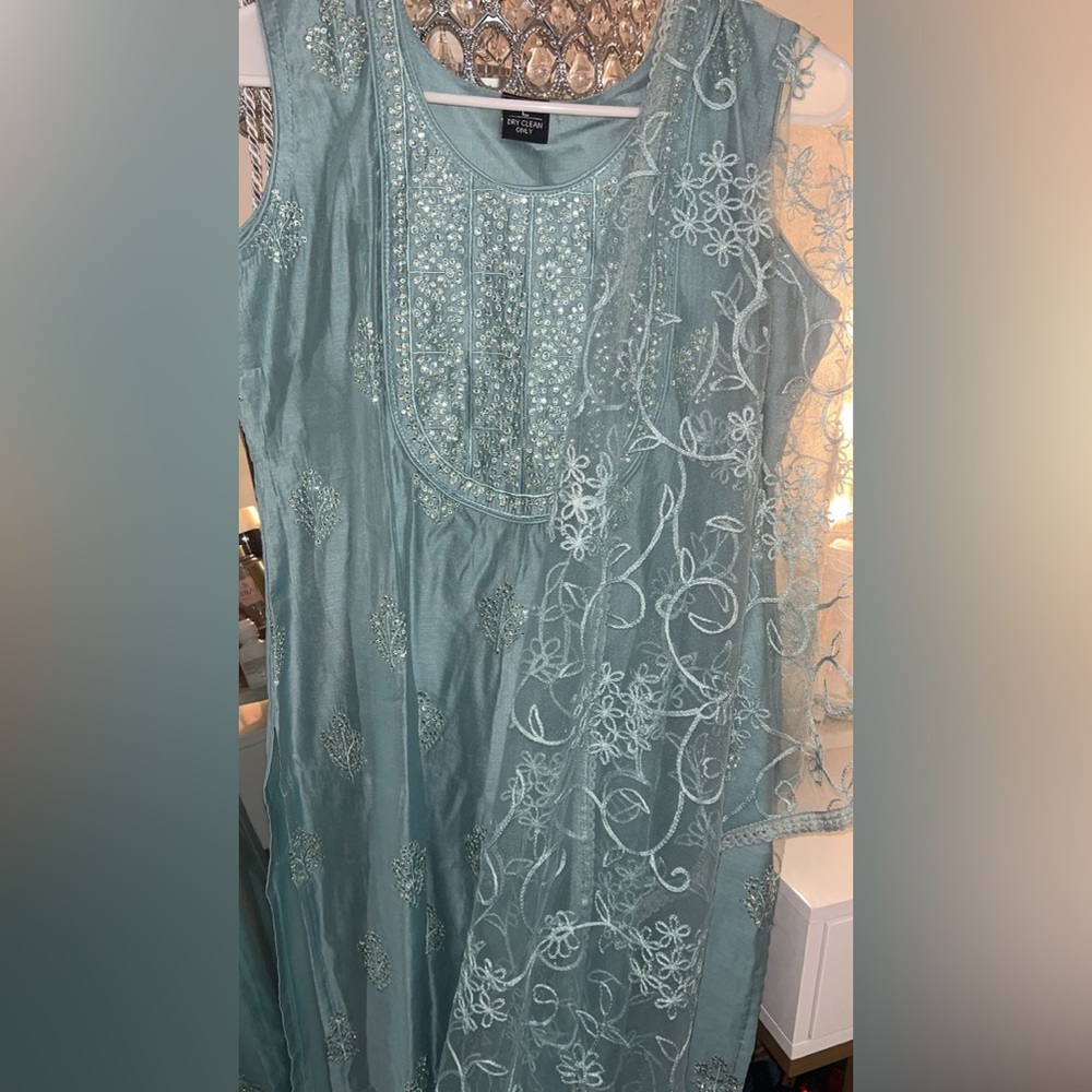 Embroidered Teal Dress with Sheer Overlay